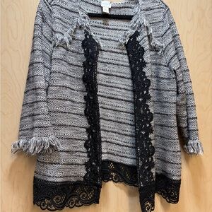 Chico's Black and Gray Blazer with Lace Trim